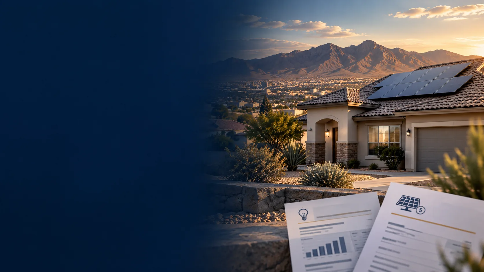 Rooftop solar panels on an El Paso home overlooking the Franklin Mountains at sunset, with a utility bill and solar financing paperwork in the foreground