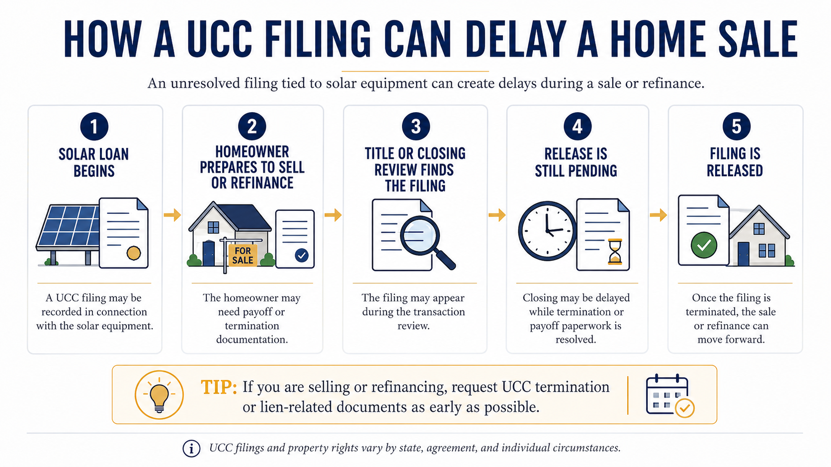 Diagram showing how a UCC filing can delay a home sale or refinance