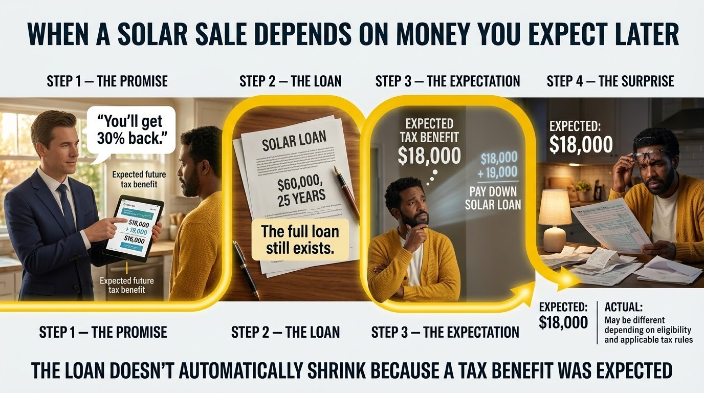 When a solar sale depends on money you expect later: the promise, the loan, the expectation, and the surprise