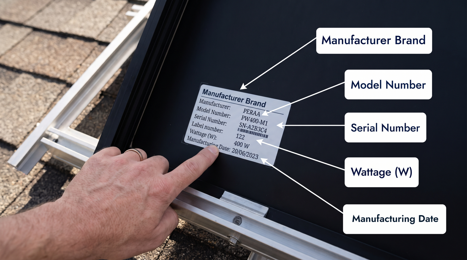 Close-up of the manufacturer label on the back of a solar panel with callouts identifying the brand, model number, serial number, wattage, and manufacturing date.