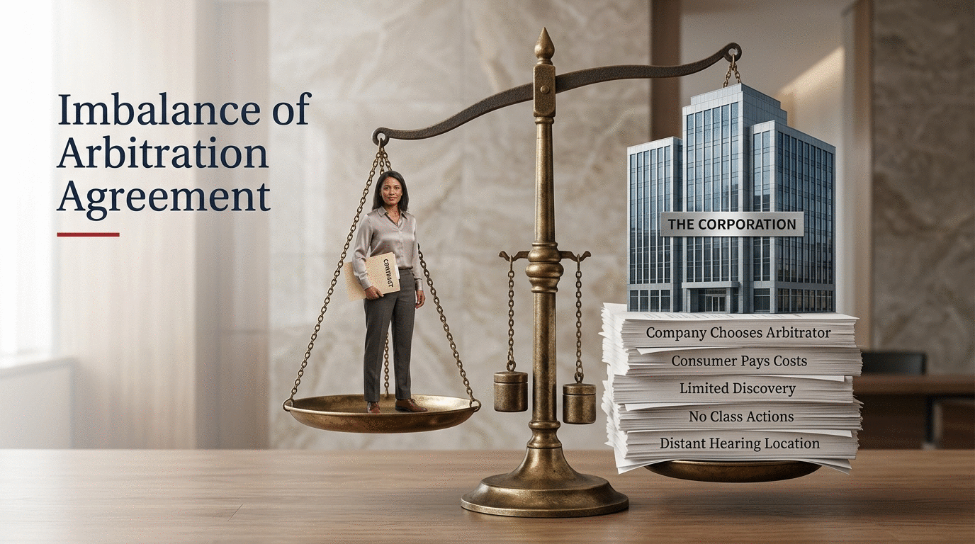 Illustration of a justice scale tipped in favor of a corporation because of one-sided arbitration contract terms, symbolizing an imbalance between consumers and companies.