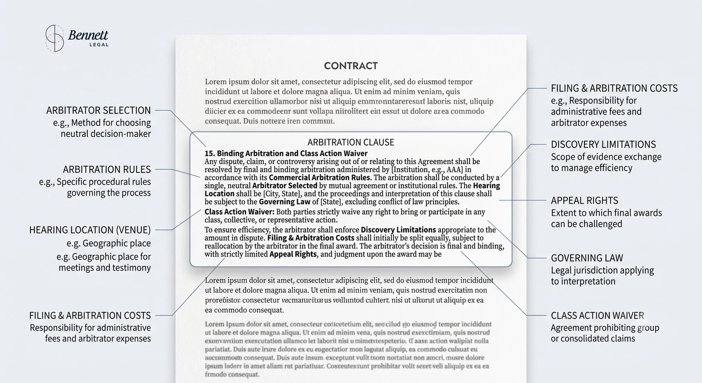 Infographic showing the anatomy of an arbitration clause with labeled sections explaining arbitrator selection, costs, venue, discovery limitations, governing law, and class action waivers.