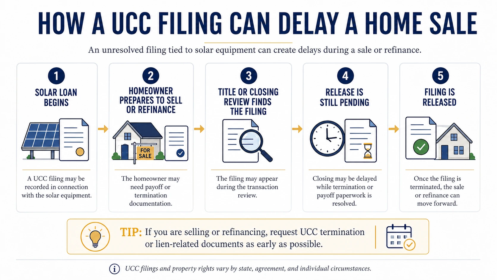 Diagram showing how a UCC filing can delay a home sale or refinance
