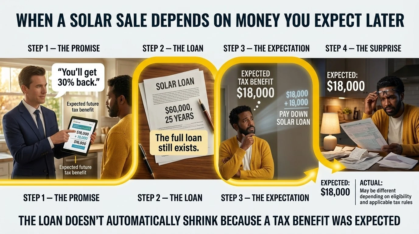 When a solar sale depends on money you expect later: the promise, the loan, the expectation, and the surprise