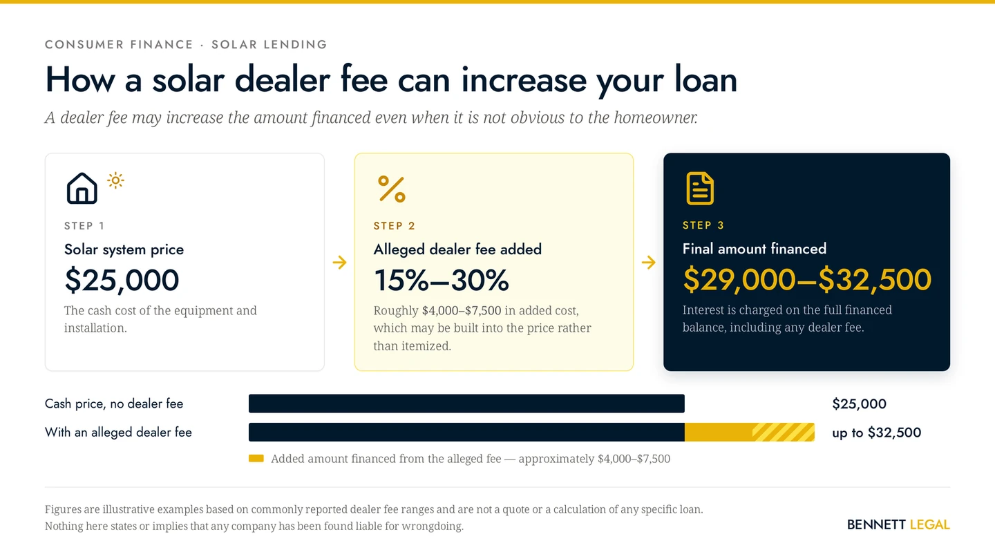 How a solar dealer fee can increase your loan: from a $25,000 system price to $29,000-$32,500 financed