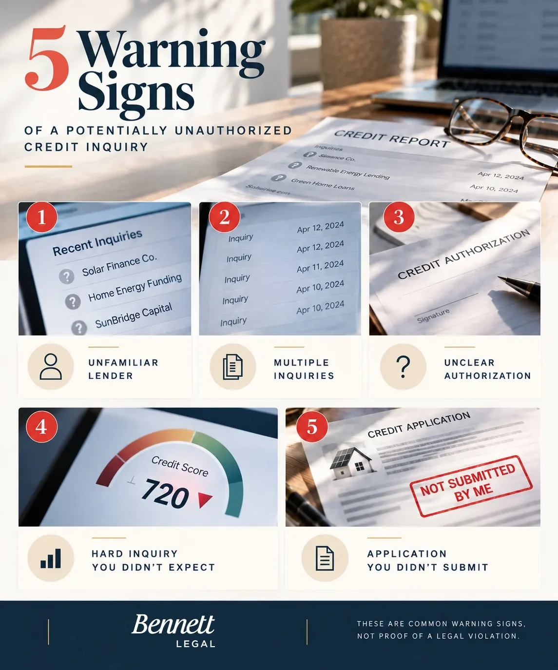 5 warning signs of an unauthorized solar credit pull: no signed application, unfamiliar lender, multiple inquiries, hard inquiry you didn’t expect, unclear authorization