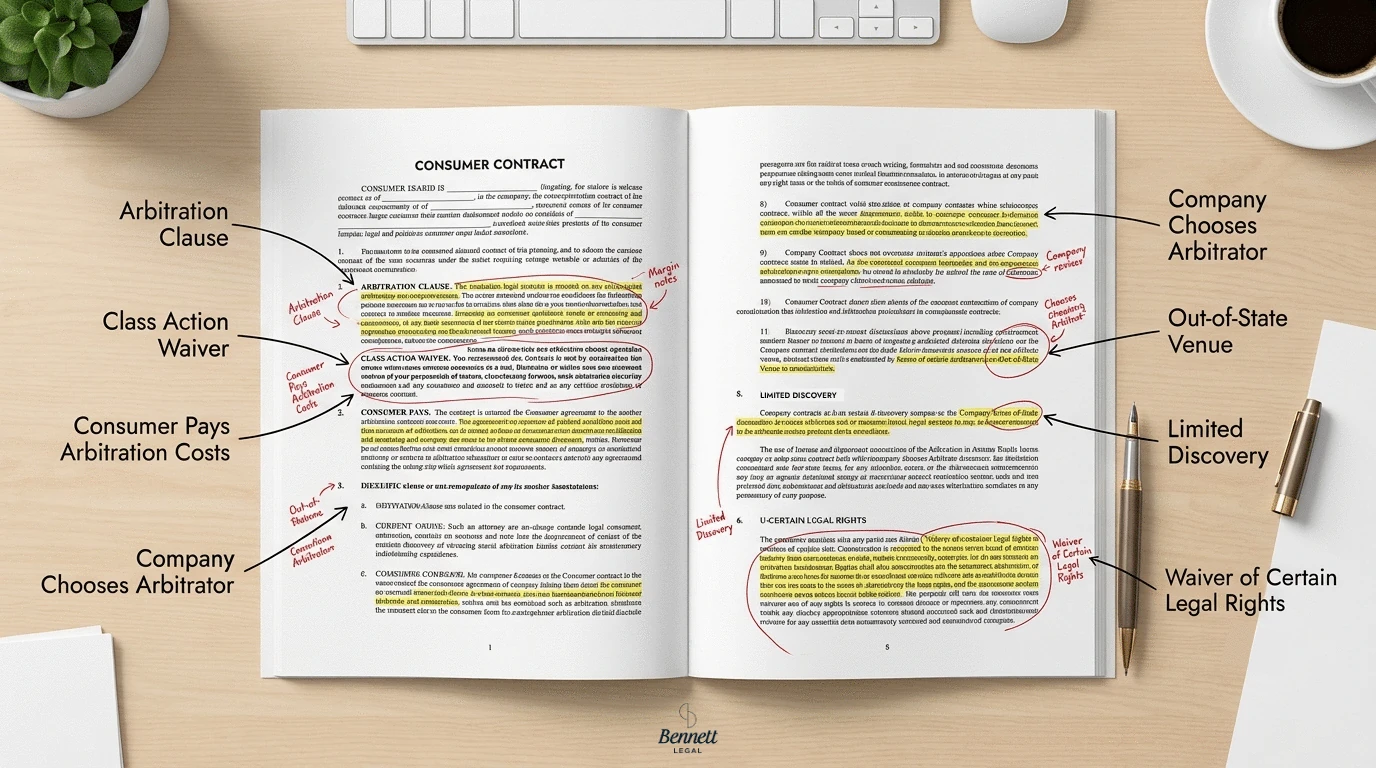 Legal contract with highlighted arbitration clauses and attorney-style annotations identifying unfair contract terms, including arbitration costs, class action waiver, and venue requirements.