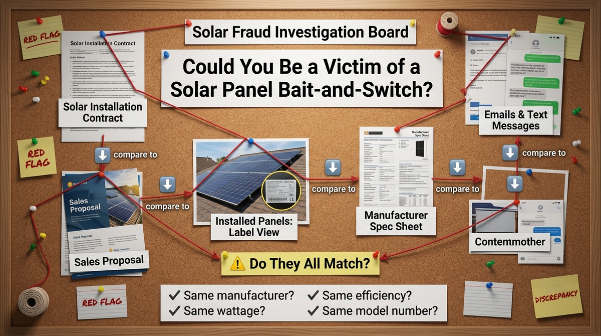 Illustration of a solar fraud investigation board showing a homeowner comparing a solar contract, sales proposal, panel labels, manufacturer specifications, and communications to identify a potential solar panel bait-and-switch.