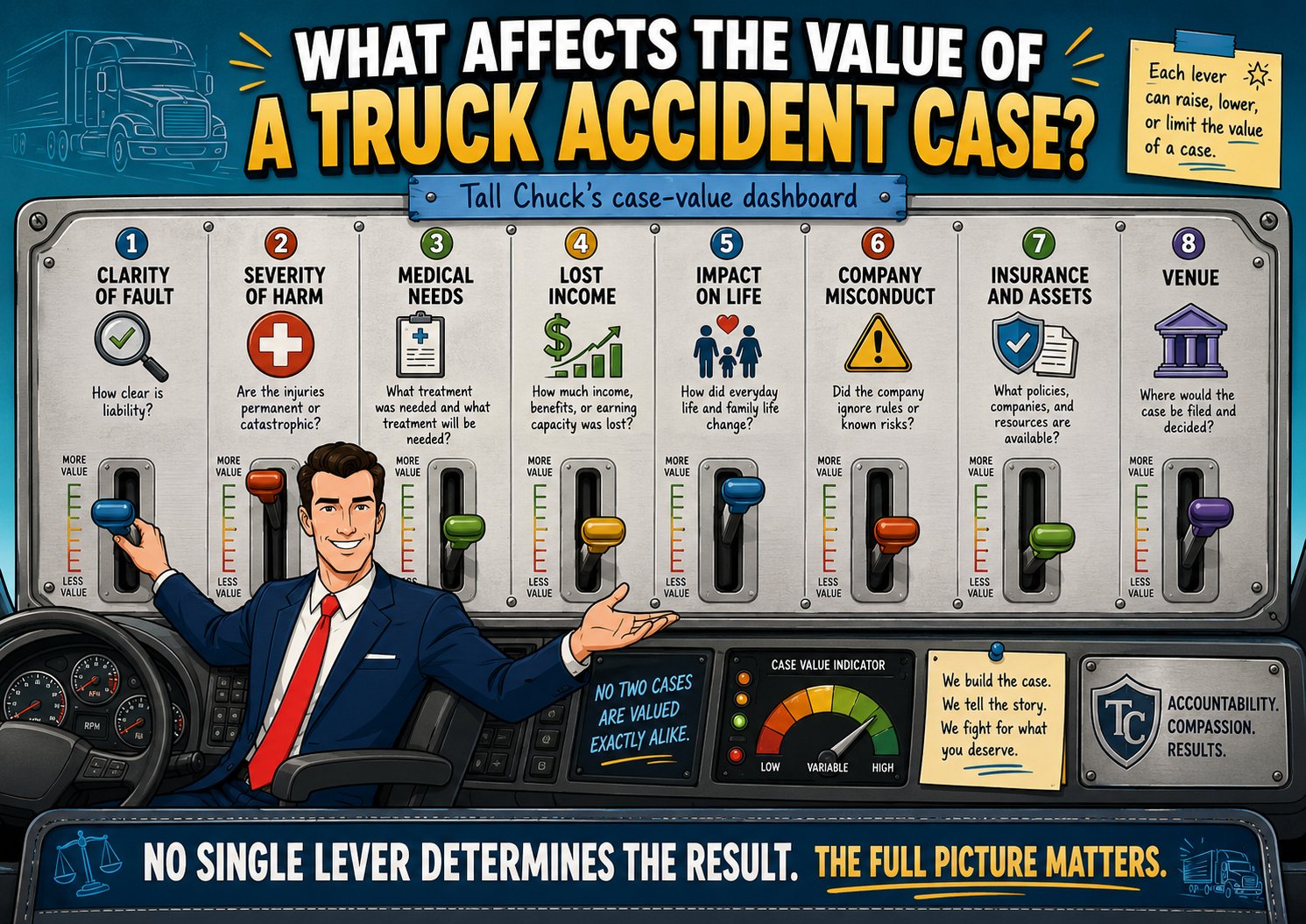 Tall Chuck using a truck dashboard with eight controls representing the factors that affect claim value