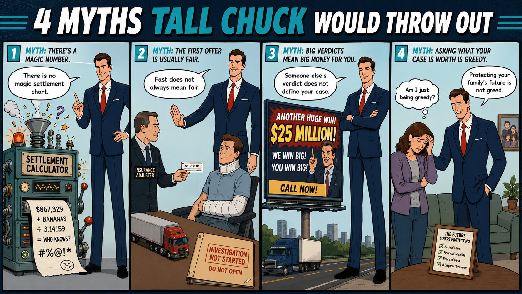 Four-panel Tall Chuck comic correcting myths about settlement calculators, quick offers, verdict comparisons, and claim value