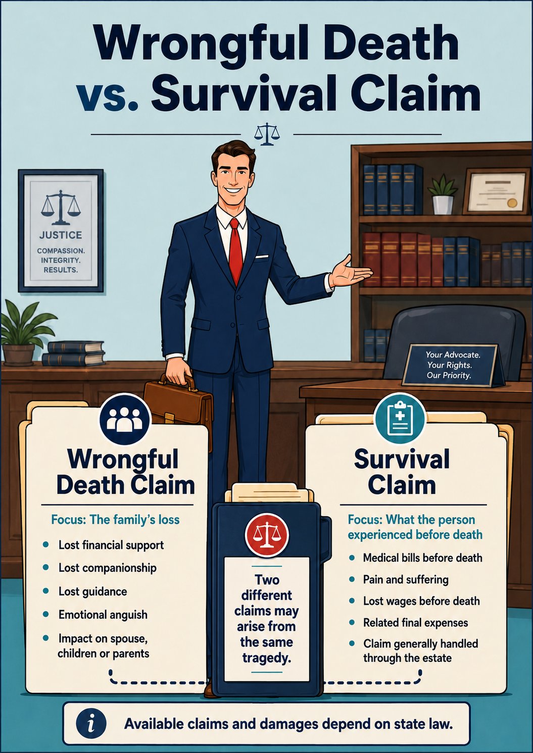 Tall Chuck comparing a wrongful death claim focused on the family’s losses with a survival claim focused on what the person experienced before death