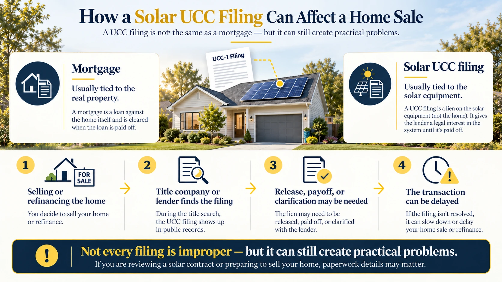 Infographic explaining how a UCC filing on a solar loan can affect your home resale or refinance