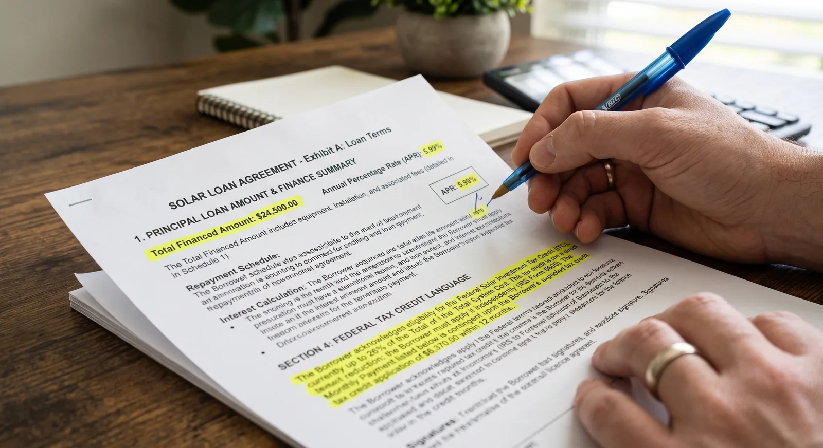 A homeowner reviewing a printed solar contract at a desk