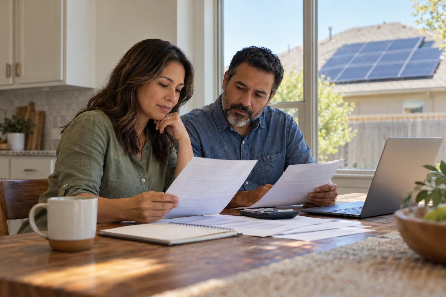Homeowners carefully reviewing solar financing documents at their kitchen table
